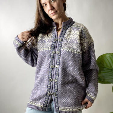 Vintage Lilac Purple Nordic Style Wool Cardigan Sweater, M 