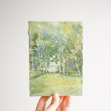 Vintage Small Landscape Painting of Forest Trees and Water, Signed Original Painting on Canvas 
