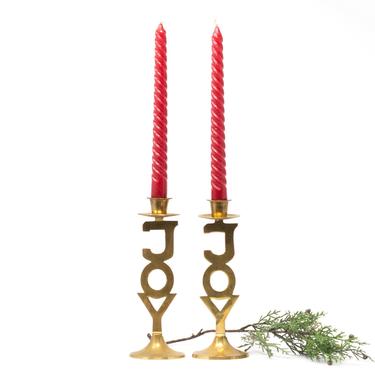 Pair of Vintage Brass JOY Candle Holders, Christmas Candlesticks 