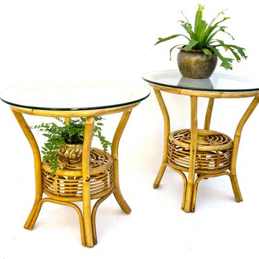 Vtg Natural Rattan &amp; Glass Circular Side Tables | Two-Tier Boho Tropical Chic Accent Tables | Two Available 