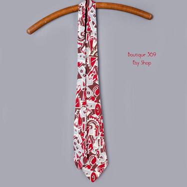 30's - 40's Art Deco Men's Tie, Suit Necktie, Vintage Red Print Rayon Flapper 