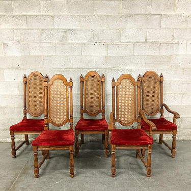 LOCAL PICKUP ONLY Vintage Dining Chairs Retro 1970s Wood Frame and High Cane Backs with Red Velvet Seats Set of 5 Matching Chairs 