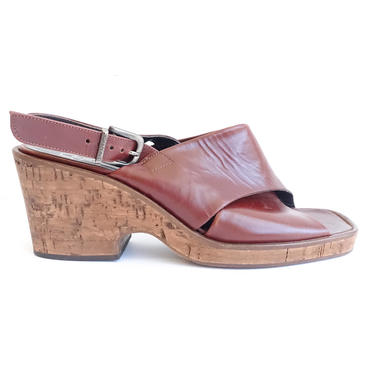 Vintage Joan + David Cork Heel Wedge Shoes/ Leather Sling Back Platform Sandals/ Size 7