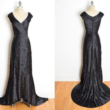 vintage Y2K dress TADASHI black tier satin train evening gown long party prom M 