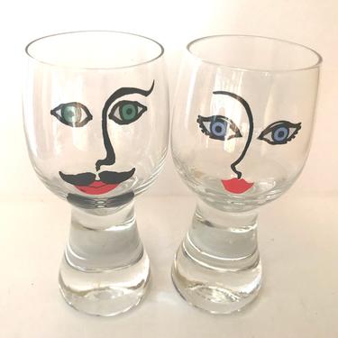 Vintage (2) Drinking Beer Glasses Tumblers Hand Painted Modern Abstract Faces Man Woman Mustache Barware Bar Ware Wedding gift 