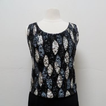 Vintage 1960's Blue Black Beaded Evening Sweater Top Cocktail Party Medium 