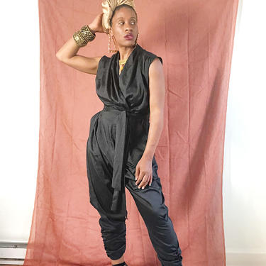 Vintage 1980s 1990s 90s Draped Jumpsuit Grecian Disco Party Glam Romper Black One Piece Tie Waist Belt 70s 1970s Rusched Glam Size Medium 