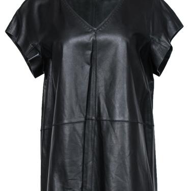 Lafayette 148 - Black Leather Short Sleeve Top w/ Stitched Trim Sz L