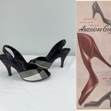 Stepping Paris to London - Vintage  1950s Gray White Black Leather Slingback Heels Shoes - 6 1/2 B 