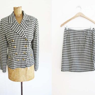Vintage 90s Hugo Buscati Houndstooth Skirt Suit XS S - Cher Clueless Plaid Jacket Mini Skirt - Black White Houndstooth Co Ord Set 