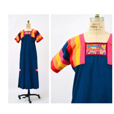 70s Embroidered Huipil Caftan Dress Vintage El Salvador Caftan Dress Boho 70s Embroidered Cotton Huipil 1970s Dress S M Navy Blue Rainbow 