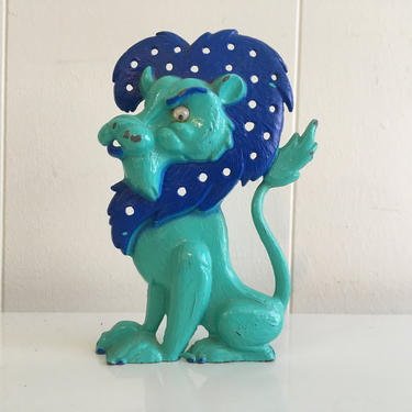 Vintage Lion Jewelry Holder Earring Organizer Metal Decor Libby Blue Teal Turquoise Googly Eyes 1970s 