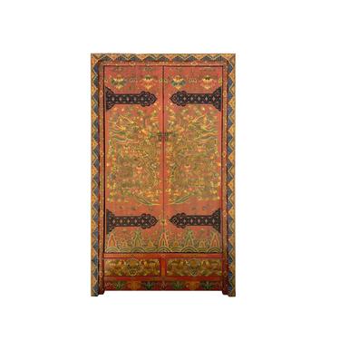 Chinese Tibetan Dragon Flower Graphic Tall Armorie Wardrobe Cabinet cs6901E 