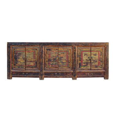 Chinese Distressed Brown Graphic Scenery Sideboard Cabinet cs5918E 