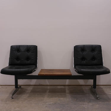 Vintage Danish Modern Leather Airport Bench 