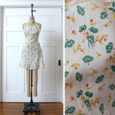 vintage 1920s 1930s apron • deco era green floral cotton apron with delicate lace trim 