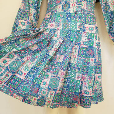 vintage dress patchwork dress mod dress 60s dress 1960s dress blue dress teal dress quilt pattern pleated skirt dress dress with pleats 