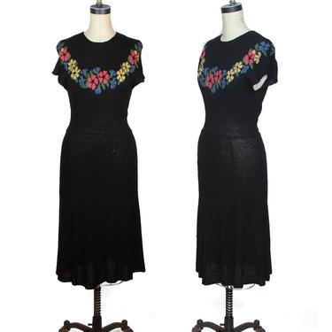 1940s Dress ~ Floral Lurex Black Knit Sweater Dress 