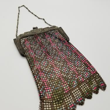 Art Deco Painted Mesh Purse, w/ silver plated clasp.