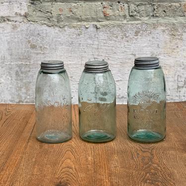 Set of 3 Varying Half Gallon Antique Blue Jars with Lids 