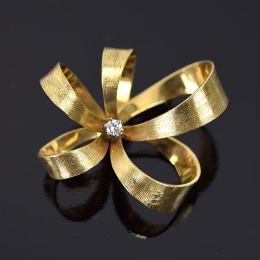 Vintage Mid-Century 14k Solid Gold Diamond Geometric Ribbon Flower Brooch 