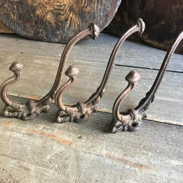 French Cast Iron Coat Hooks, Hat Towel Rustic French Farmhouse, Set of 3 