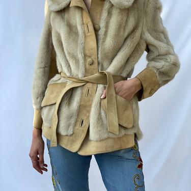 Vintage Lilli Ann Coat / 1960s Suede Leather Coat / Faux Fur 70's Jacket / Belted Coat / Beige Brown Sixties Coat 