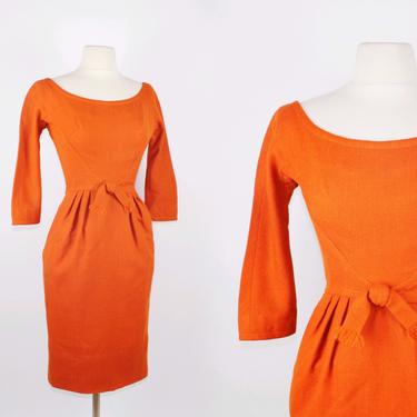 PUMPKIN SPICE... vintage 1950’s Mitzi Morgan designer tailored pumpkin orange wool sex kitten wiggle dress 