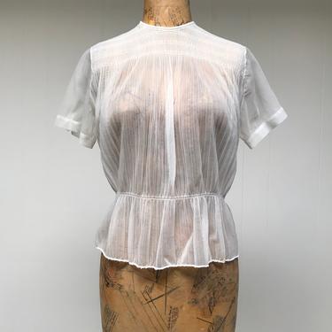 Vintage 1950s Sheer White Nylon Blouse, Short Sleeve Back Button See-Through Top w/Ruching by Judy Bond, Medium 40&amp;quot; Bust 