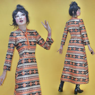 Vintage 1960s 60s MOD Groovy Queen Metallic Gold OP Art Tapestry Gown Mina Ginza Tokyo/SZ S/ 1970s 70s Hippie Boho Glam Abstract Psychedelic 