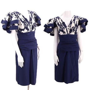 80s TADASHI print cocktail dress size 12 / vintage 1980s cotton navy white poufy origami extreme evening dress L 