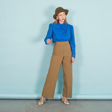 80s Dark Tan Button Pants Vintage Classic Flared Trousers 
