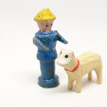 Antique German Wooden Man with Dog, Vintage Hand Painted Miniature Toys for Putz or Nativity, Erzgebirge Germany 