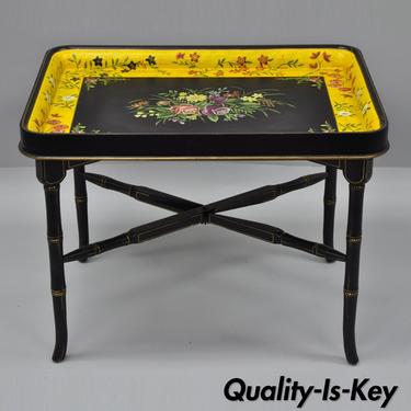 Sarreid Yellow &amp; Black Chinoiserie Tole Serving Tray Coffee Table Faux Bamboo