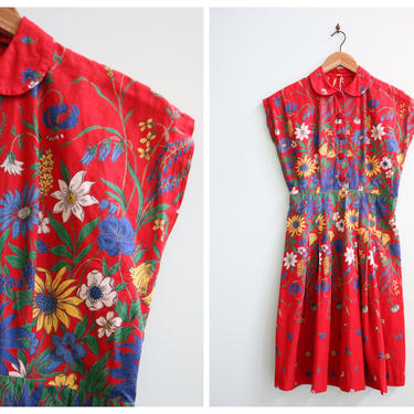 Vintage 1930's Red Floral Garden Dress | Size Extra Small 