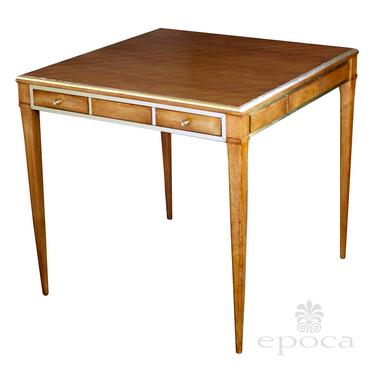 a stylish american 1950's walnut single-drawer square game table with brass detailing
