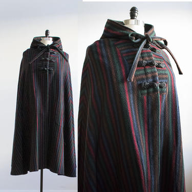 Vintage 1970s Luba Winter Coat / Striped Poncho / Heavy Winter Poncho / Hooded Poncho / Black Striped Wool Ponch / Vintage Wool Ponch Large 