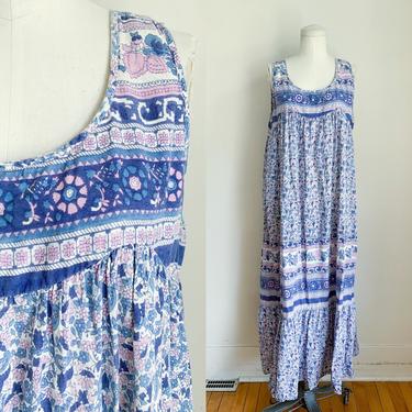Vintage 1970s Geeta Blue Indian Cotton Gauze Dress / M-L 