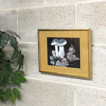 Vintage Mushroom Art 1970s Retro Size 9x12 Sally Miller + Lithograph + Ink + Scratchboard + Gold Metal Frame + Boho + Home and Wall Decor 
