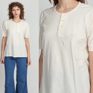 60s Race Brand Henley Shirt - Men's Medium, Women's Large | Vintage Cream Short Sleeve Button Top 