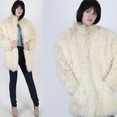 Real Tibetan Lamb Fur Coat / Ivory Mongolian Curly Fur Jacket / Vintage 80s Cream Shaggy Unisex Womens One Size Runway Jacket 