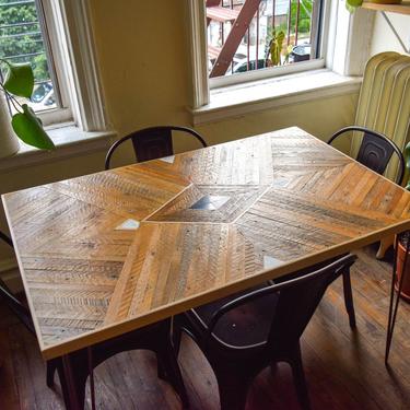 Custom Reclaimed Wood Lath Dining Table with Marble + Granite Inlay 
