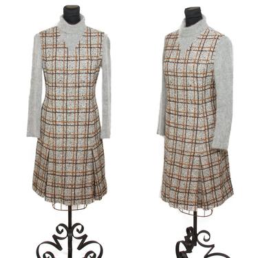 Vintage 1960s Dress ~ Designer Edward Parnes Wool Plaid Mod Dress with Grey Angora Sleeves and Turtleneck 