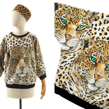 Vintage 1980s Crewneck Sweatshirt | 80s Leopard Face Animal Novelty Print Glitter Oversized Cozy Crew Sweater Top (large/x-large) 