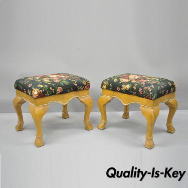 Pair of Country French Style Cabriole Leg Hoof Foot Upholstered Stools Benches