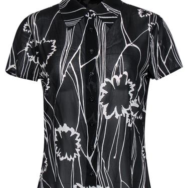 St. John - Black & White Floral Print Short Sleeve Button-Up Sheer Blouse Sz S
