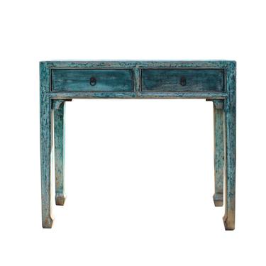 Chinese Distressed Dark Teal Blue Lacquer 2 Drawers Console Table cs5345S