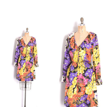 Vintage 1960s Dress / 60s Vibrant Floral Print Silk Dress / Purple Yellow Orange ( medium M ) 