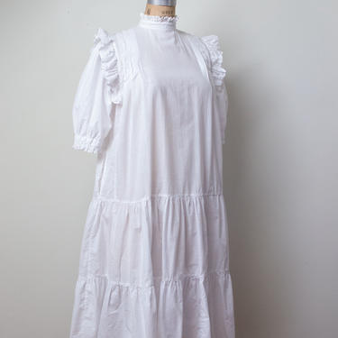 1970s Indian Cotton Dress | 1970s White Ruffled Dress 
