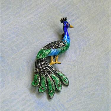 Vintage Sterling Enamel and Marcasite Peacock Pin, Sterling Germany Peacock Pin, Old Sterling Bird Pin (3833) 